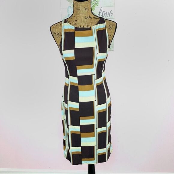 Kenneth Cole Retro Print Sleeveless Sheath Dress Brown Multi Small - Picture 1 of 11